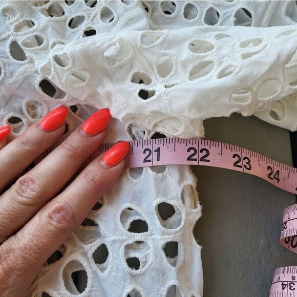 Women's White Sheer Eyelet Long Sleeves Puff‎ Shoulder Flounce Hem Mini Dress L - Picture 7 of 8